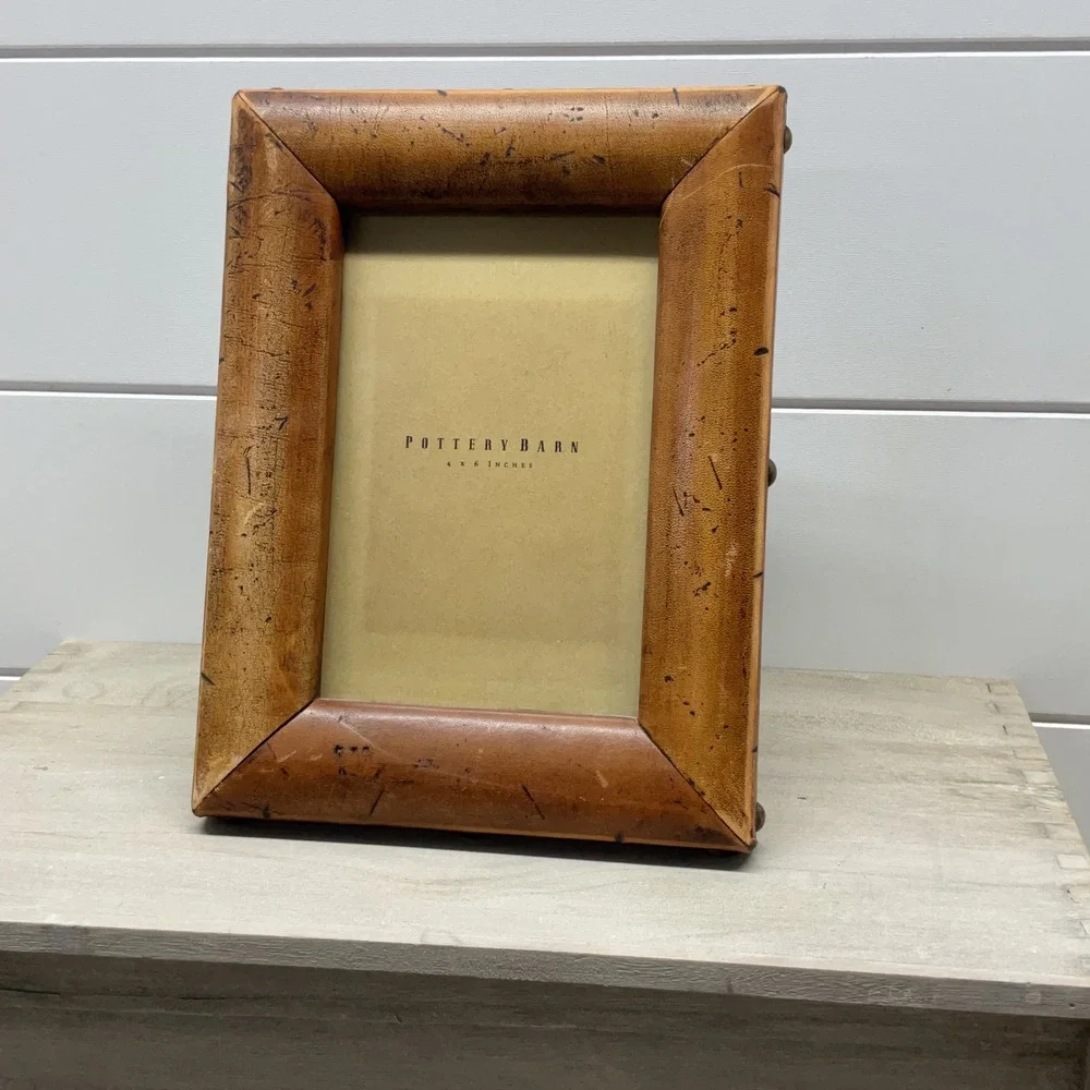 Pottery Barn Distressed Leather Nailhead Picture Frame Set 4x6 and Large Tan
